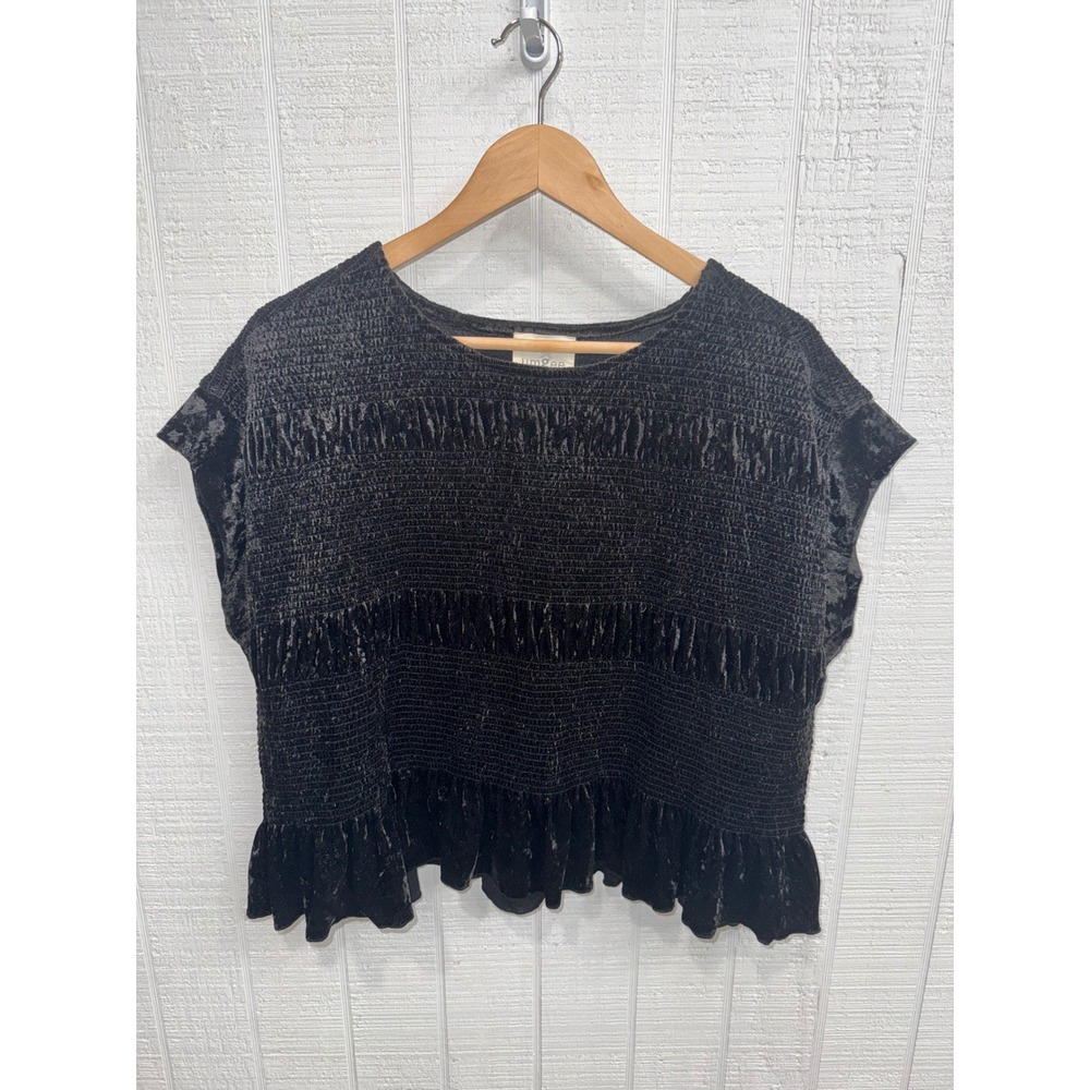 Umgee Blouse Women Black Smocked Velvet Ruffle Hem Short Sleeve NWT S
